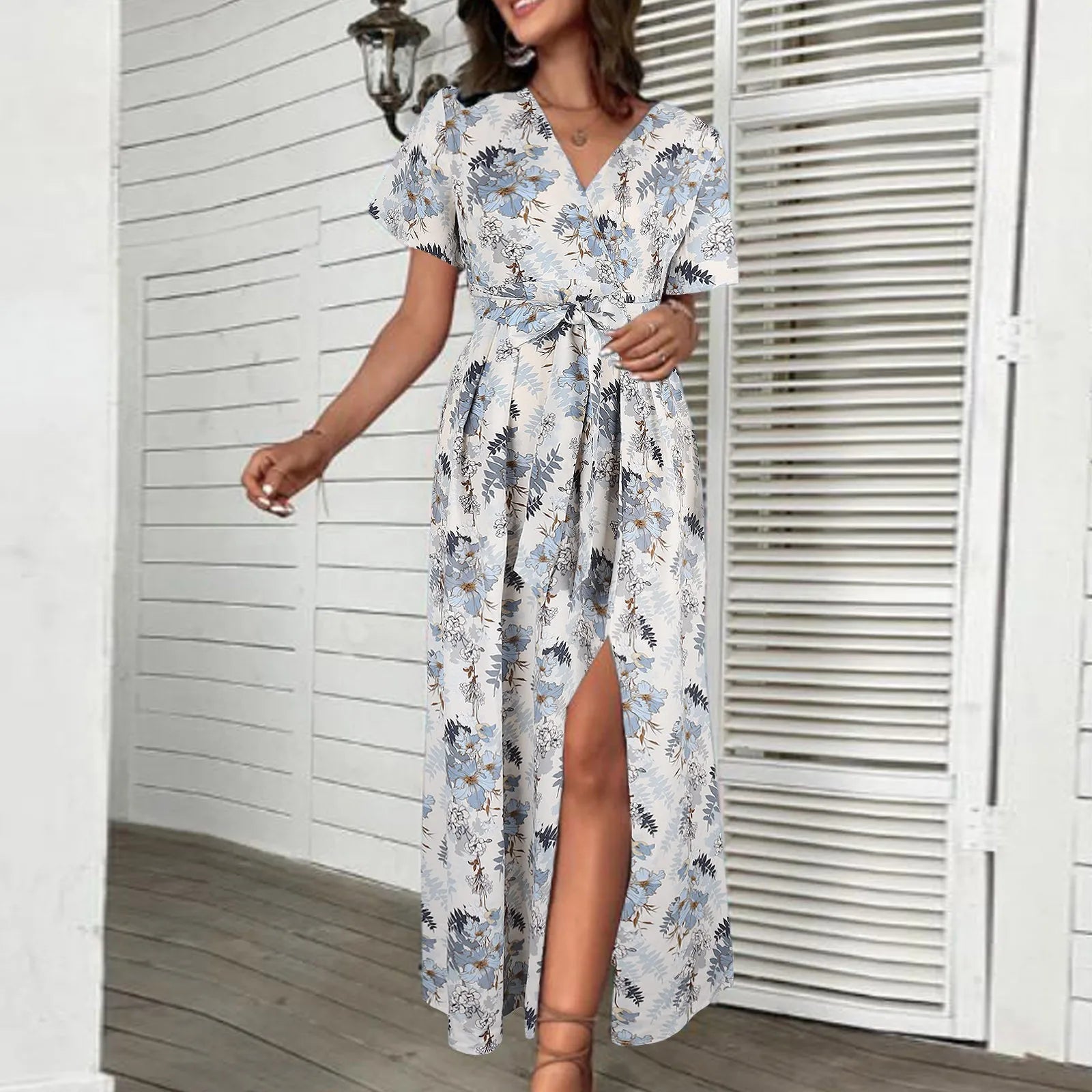 one-shoulder dressSummer Chiffon Floral Printed Belt For Women 2024 Casual Short Sleeve V Neck Holiday Bandage High Split Party Dress