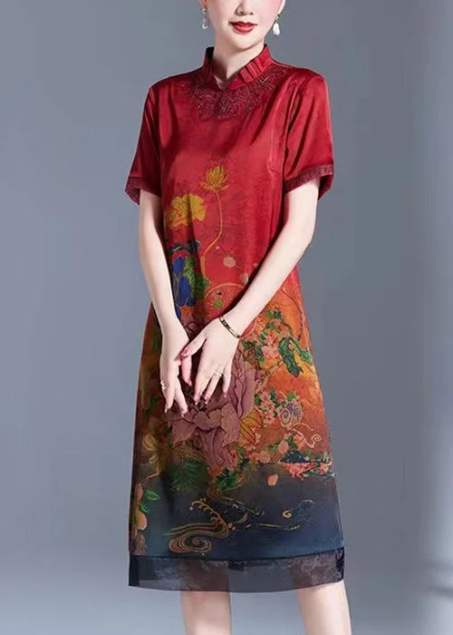 Discount Deals Women Red Stand Collar Print Silk Dress Short Sleeve