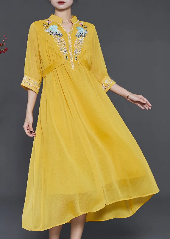 party dressModern Yellow Stand Collar Embroidered Beach Dresses Summer