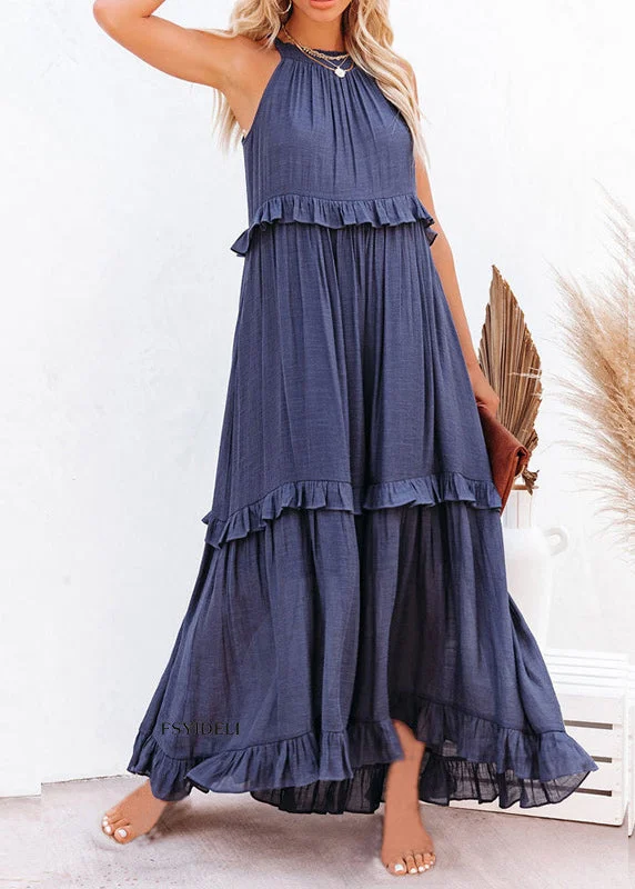 Price Cut Unique Blue Ruffled Patchwork Holida Long Dress Summer
