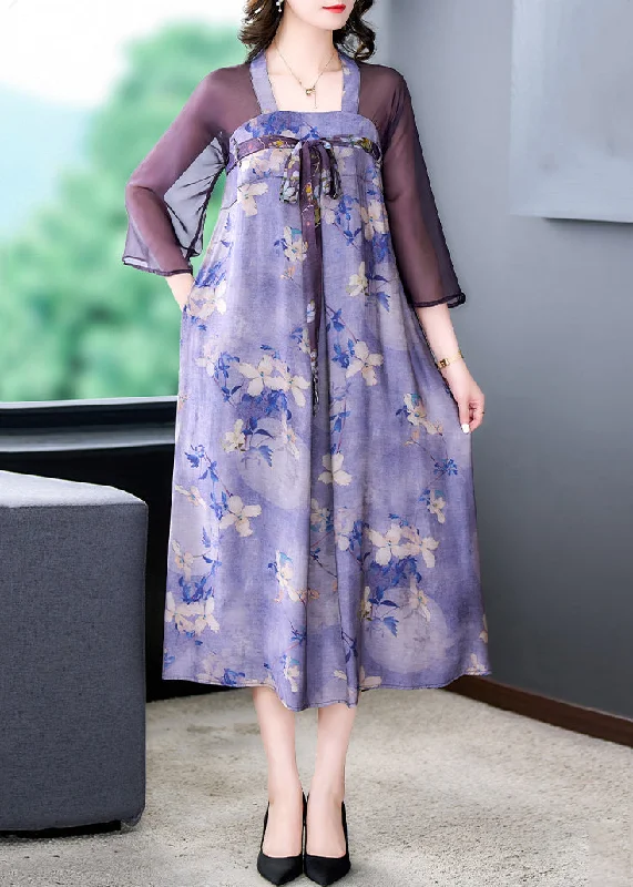The Best Prices Classy Purple Lace Up Print Patchwork Silk Dress Half Sleeve