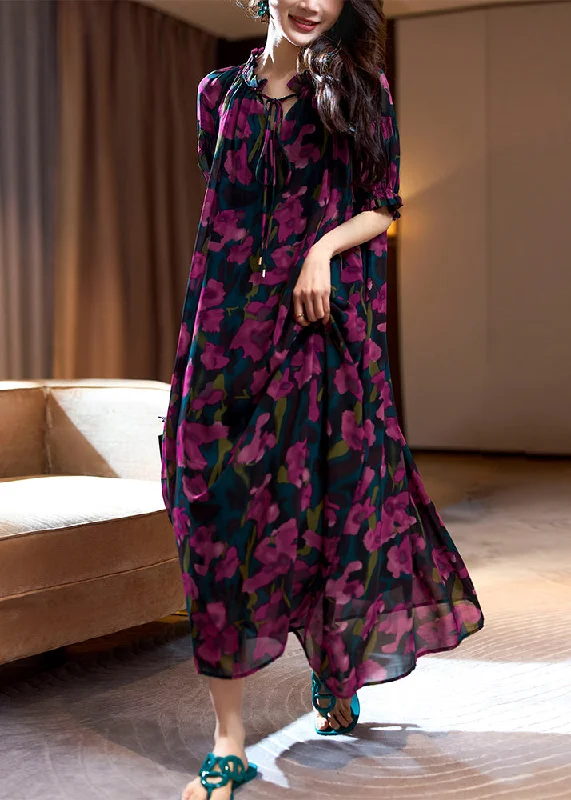 Today's Special Loose Purple Print Ruffled Lace Up Chiffon Long Dresses Summer