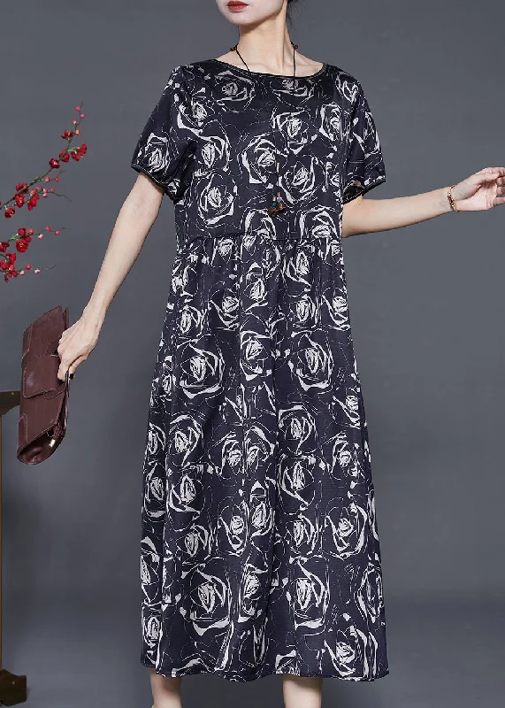 Epic Deals Beautiful Black Floral Silm Fit Silk Long Dresses Summer