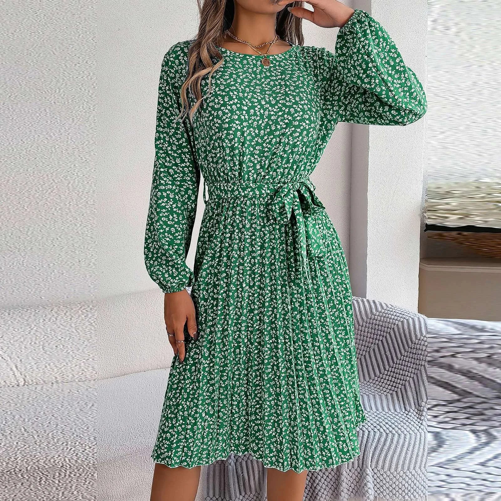 luxury dressJuliaFashion - Women's Retro Floral Print Pleated Casual Long Sleeved Wide Hem Midi Elegant Round Neck Lace Up Casual Dress