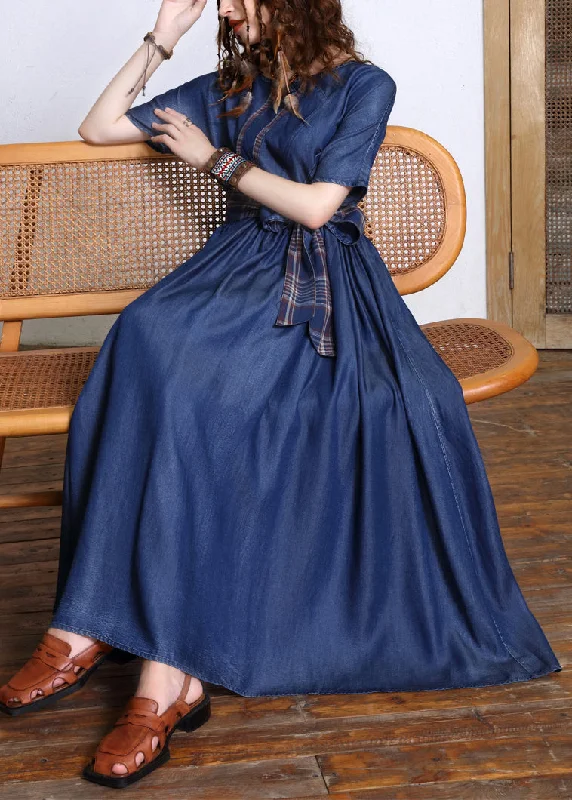 trendy mini dressFashion Navy O-Neck Bow Tie Waist Silk Cotton Denim Maxi Dresses Short Sleeve