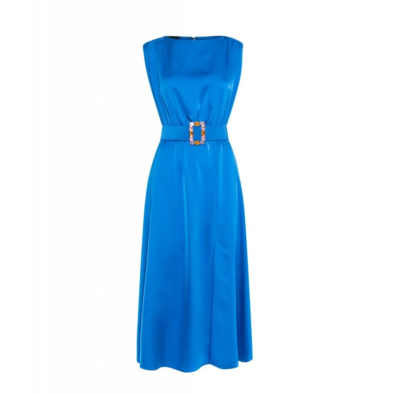 YEAR-End Sale Access Midi Blue Satin Dress With Belt
