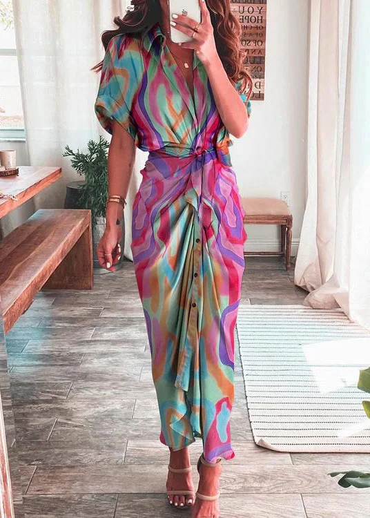 Best Seller Fashion Rose Lantern Sleeve Lace Up Slit Lapel Dress