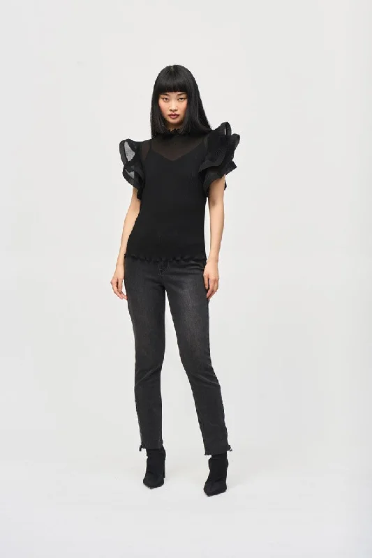 Mega Sale Joseph Ribkoff Black Chiffon Pleated Top With Ruffled Sleeves