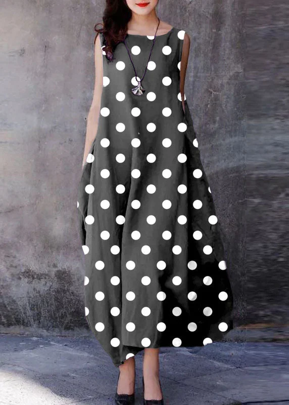 bohemian dressBohemian Black polka dots O-Neck Exra Large Hem Cotton Dresses Sleeveless