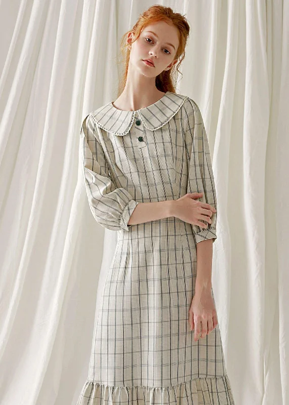 trendy bodycon dressUnique light nude plaid blended clothes ruffles hem cotton robes fall Dresses