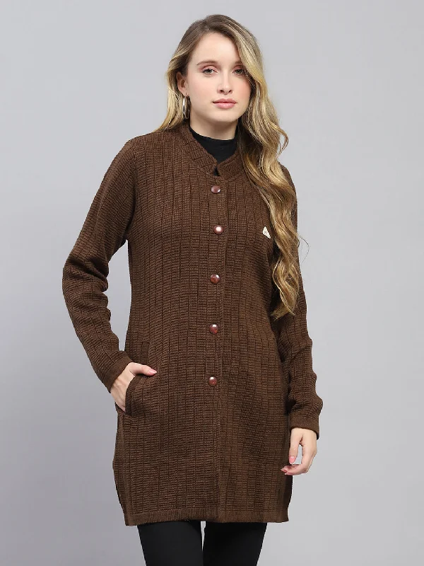 modern coatWomen Brown Self Design Round Neck Full Sleeve Knitted Coat