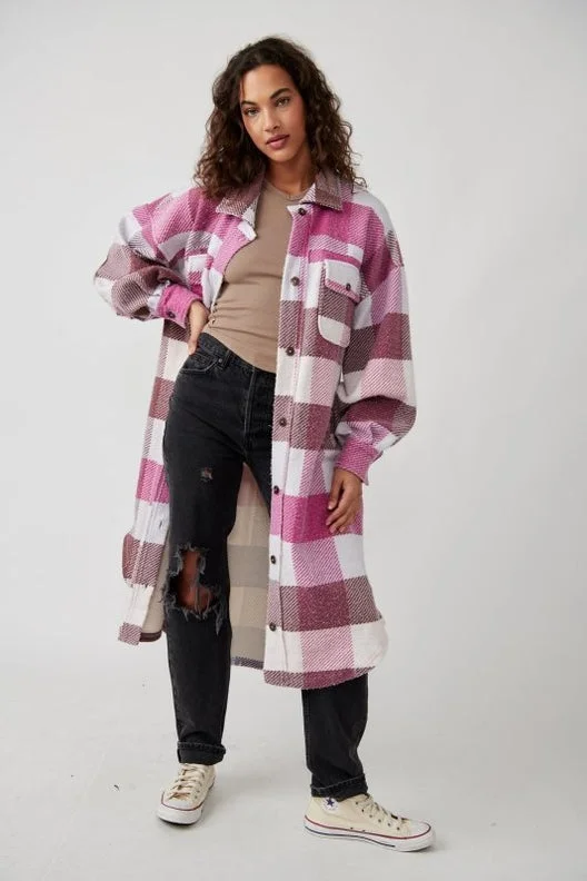 relaxed fit coatFree People Plaid Long Ruby Jacket in Wine Combo