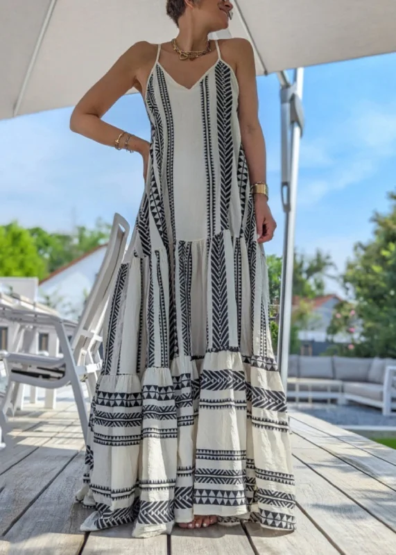 The Best Prices Modern White Print Patchwork Spaghetti Strap Dress Sleeveless