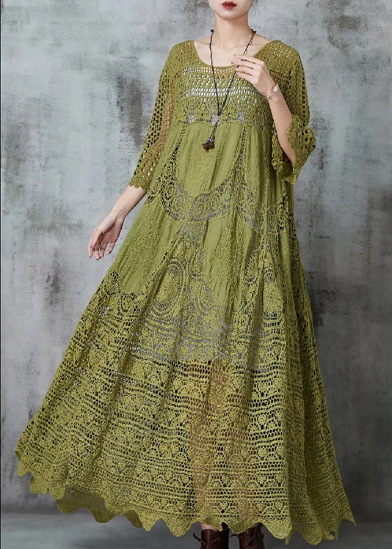 Overstock Sale Natural Green Hollow Out Exra Large Hem Cotton Dress Summer