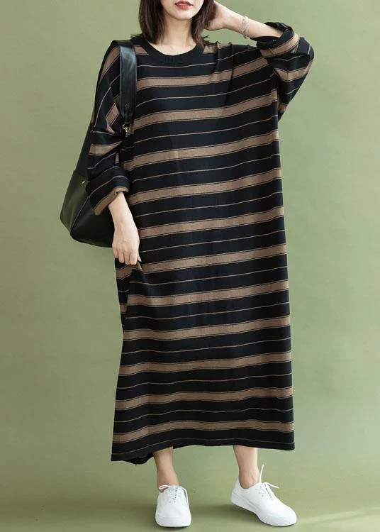 sophisticated dressChic black chocolate striped cotton quilting dresses o neck baggy long fall Dresses