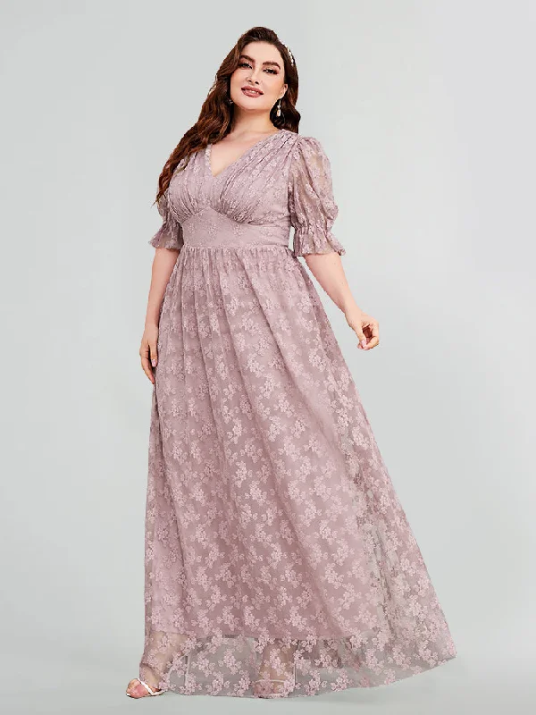 chic dressPlus Mauve Floral Embroidery Lace V-Neck Puff Sleeve Maxi Dress