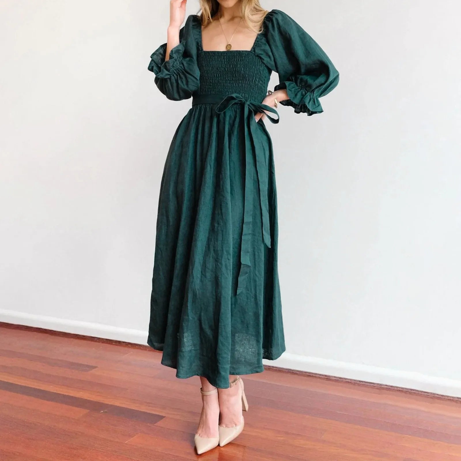 Markdowns JuliaFashion - Spring Ladies Tie Rope Belt Ruffle Trim Sleeves Square Collar Multi Wear Vintage Fashion Elegant Dress