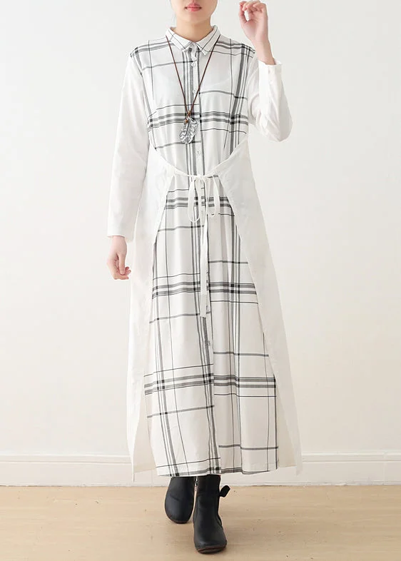 casual dressHandmade lapel tie waist cotton quilting dresses Omychic Sleeve white Plaid Maxi Dresses spring