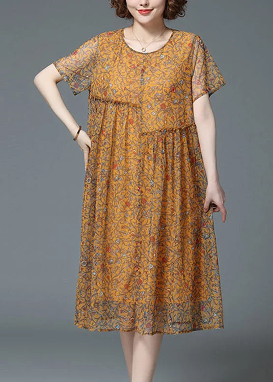 Factory Direct Sale Casual Yellow O-Neck Print Patchwork Tulle Long Dresses Summer