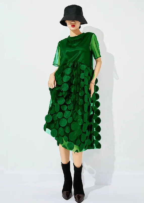 floral midi dressWomen Tea Green O-Neck Patchwork Dot Tulle Holiday Dress Summer