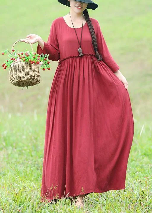 casual day dressWomen ruffles waist cotton quilting clothes Fashion Ideas red Traveling Dress