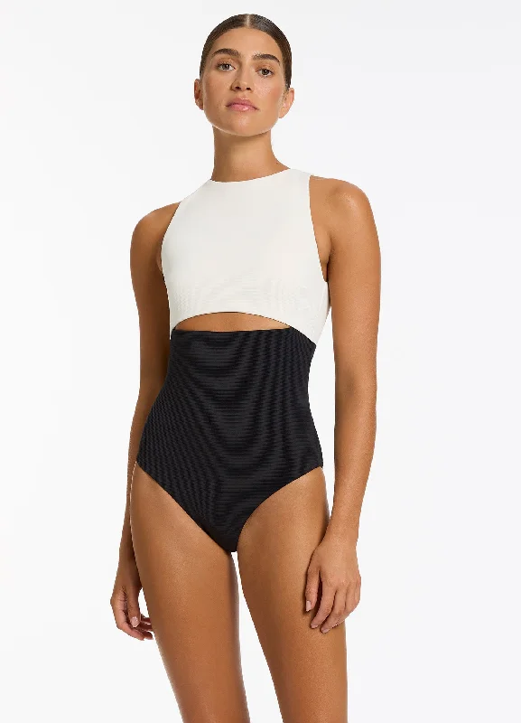 Big Savings Versa Rib Cut Out High Neck One Piece - Black/Cream