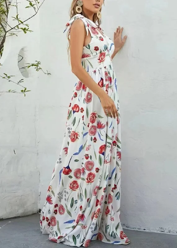 Weekend Flash Sale Elegant White V Neck Print Chiffon Long Dresses Sleeveless