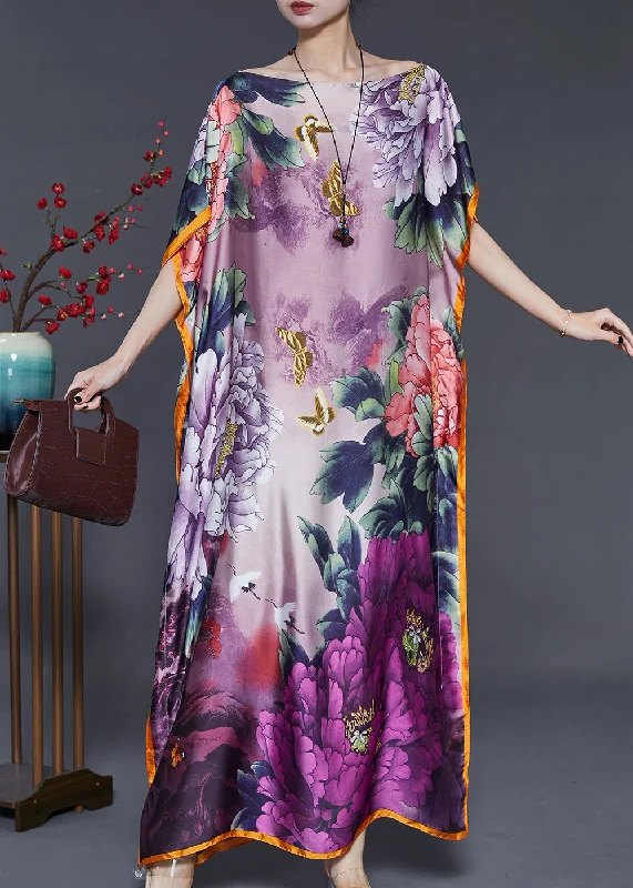 Today’s Deal Purple Print Silk Maxi Dresses Slash Neck Batwing Sleeve