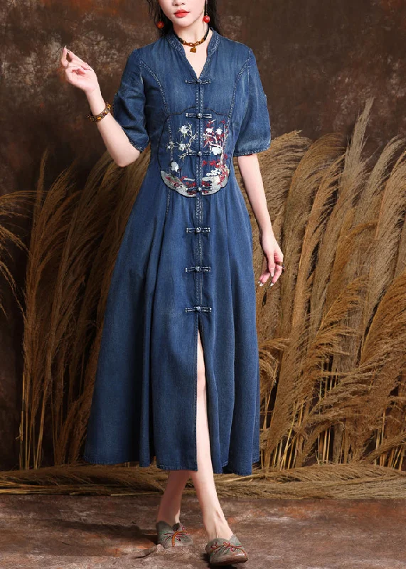 flowy maxi dressOrganic Denim Blue V Neck Embroidered Patchwork Long Dresses Short Sleeve