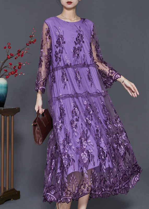 casual knit dressItalian Purple Embroidered Patchwork Tulle Long Dresses Summer