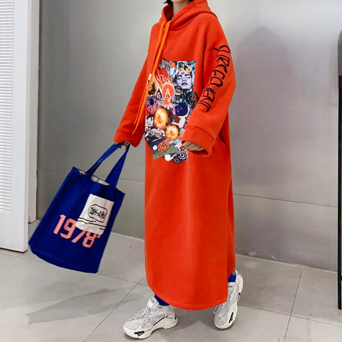 office dressNatural Orange Cartoon Pattern Tunics Hooded Kaftan Spring Dress