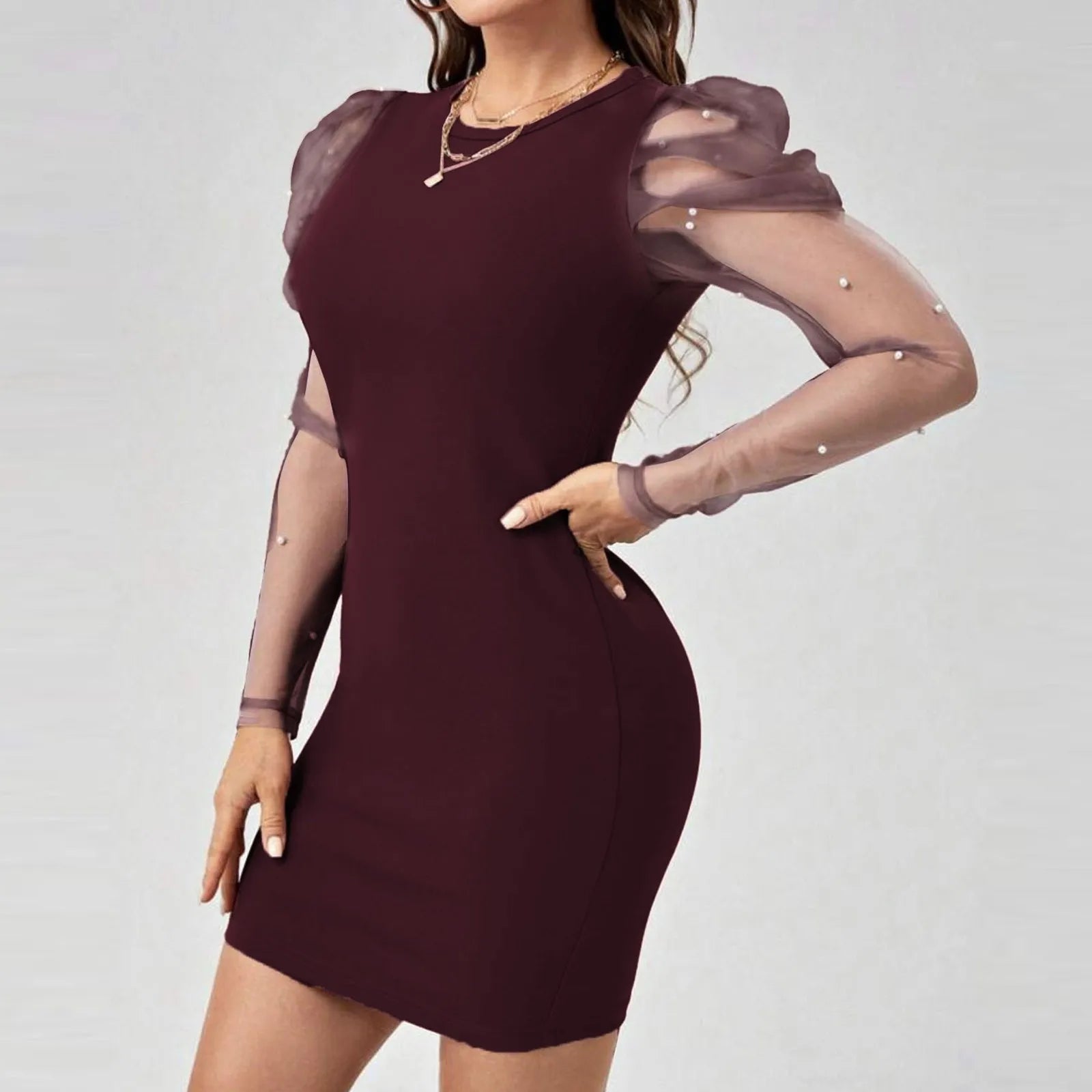 cocktail party dressJuliaFashion - Solid Color Women Party Temperament Mesh Splicing Long Sleeve Bodycon Round Neck Slim Fit Wrap Hip Mini Dress