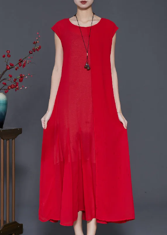 casual dressFine Red Draping Chiffon Holiday Dress Sleeveless