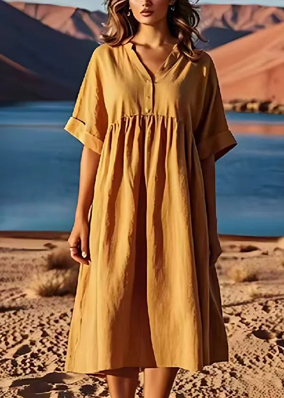 fitted dressPlus Size Yellow V Neck Wrinkled Patchwork Linen Dresses Summer