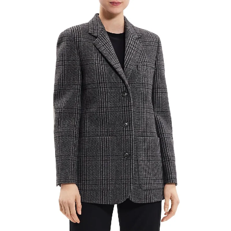Quick Sale Womens Plaid Padded Shoulder Double-Breasted Blazer
