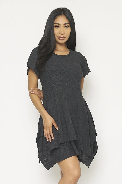 Discount Deals 1/2 Sleeve Round Neck Sharkbite Hemline Swing Dress (15366)