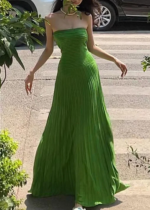 floral wrap dressHoliday Style Green Strapless Ice Silk Waist Cinching Dress Summer