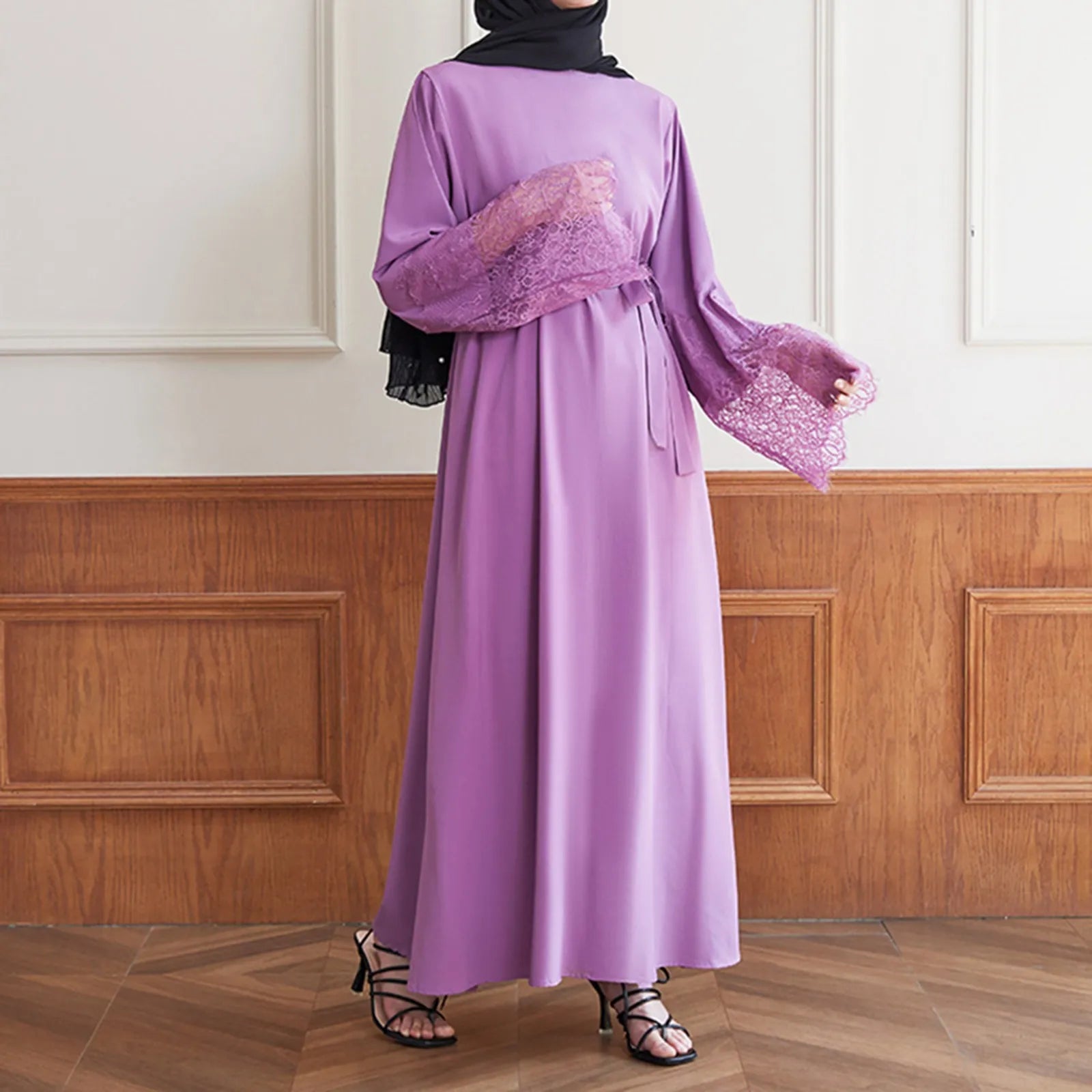 Anniversary Sale JuliaFashion - Women's Muslim Long Sleeve Vintage Pullover Abaya Prayer Clothes Sunday For Women Lace Solid Ramadan Robes Moroccan Dress