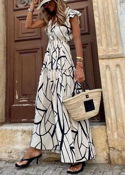 Limited Edition Elegant White Ruffled Print Cotton Long Dresses Summer