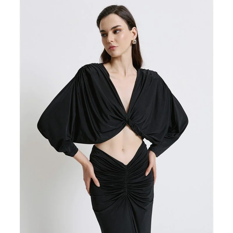 Act Now Access Fashion Black Draped Blouse With Gathering