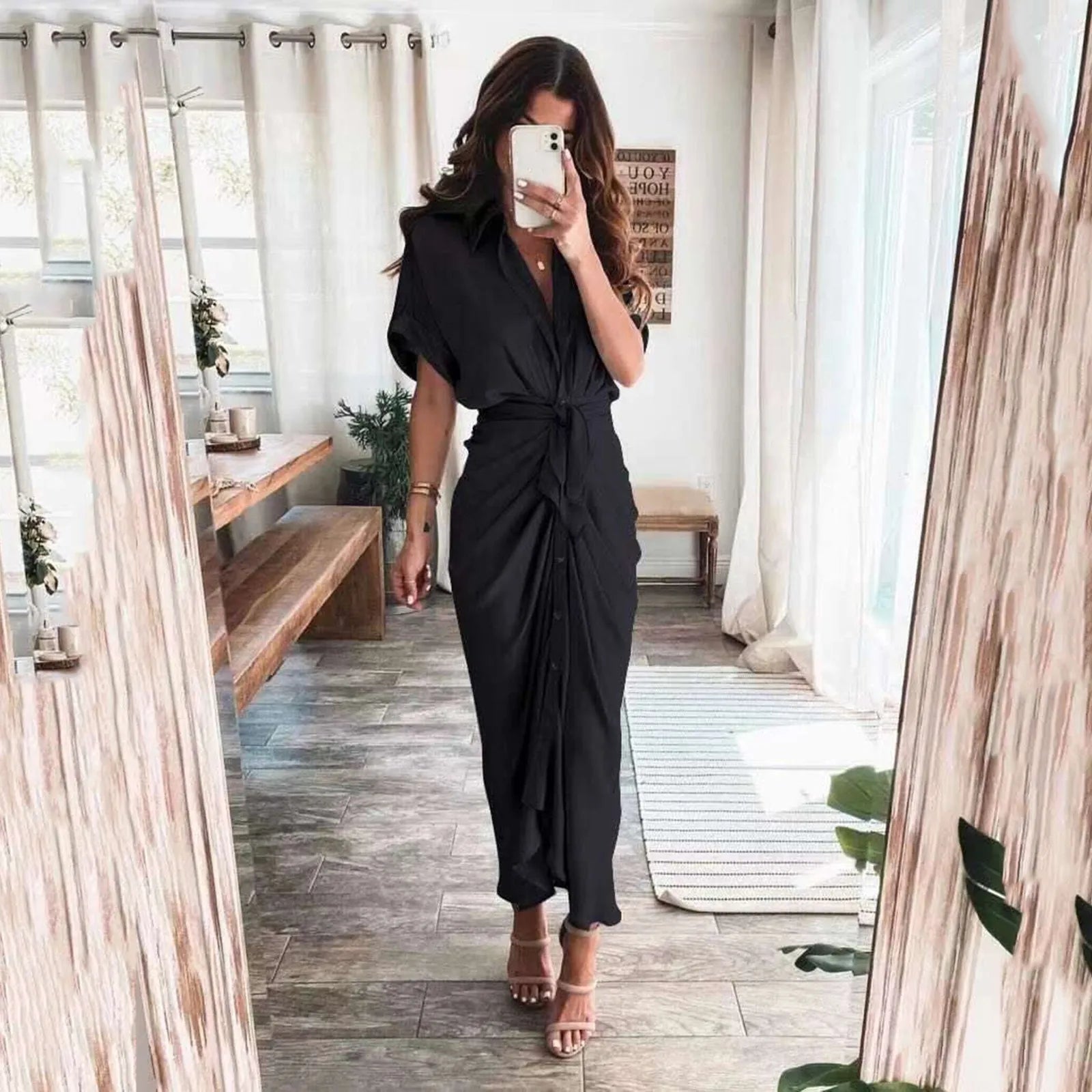 statement dressJuliaFashion - Womens Silk V Neck Elegant Long Short Sleeve Satin For Women 2024 Summer Party Wrinkle Summer Office Maxi Dress