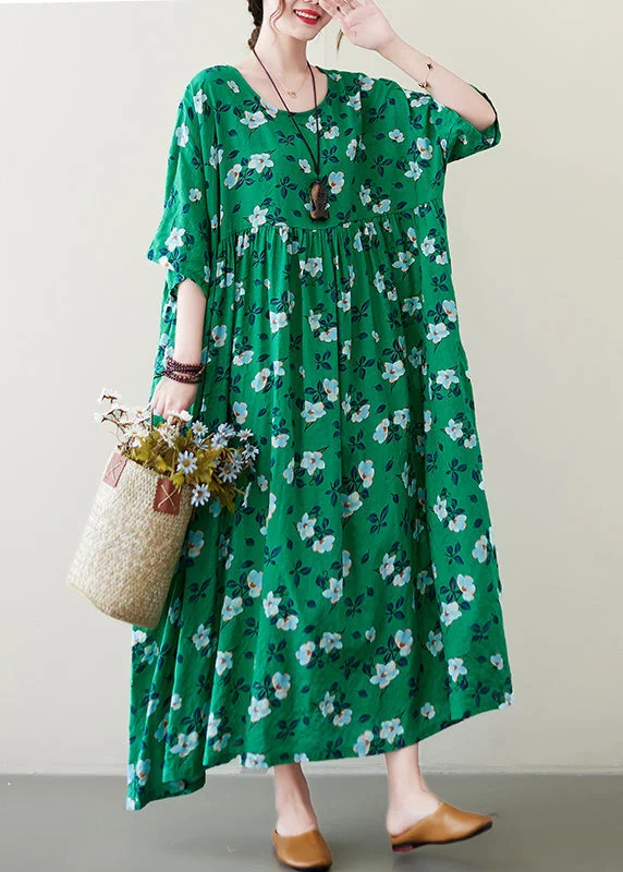 puff sleeve dressHandmade Green O-Neck Print Wrinkled Long Dress Summer