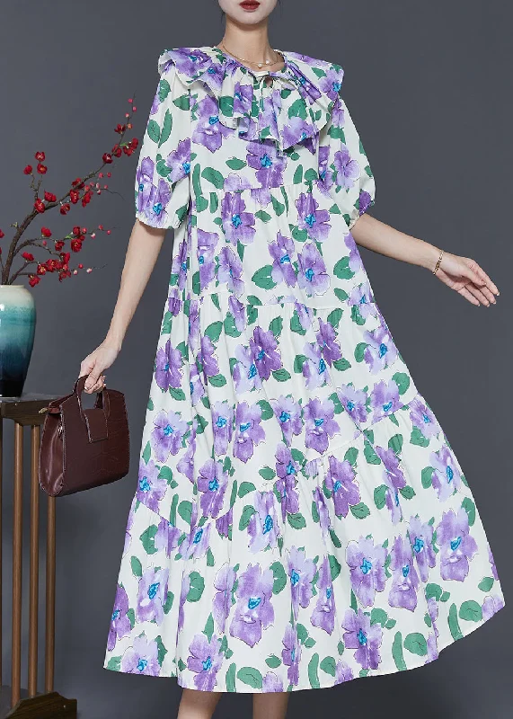 denim dressFrench Purple Peter Pan Collar Floral Cotton Maxi Dresses Summer