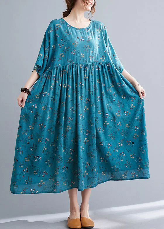 trendy dressBlue Wrinkled Cotton Long Dress O Neck Half Sleeve