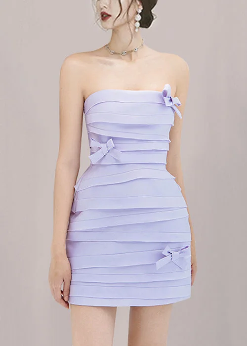 vintage-inspired dressNew Purple Strapless Bow Cotton Mid Dress Sleeveless