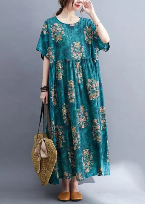 off-the-shoulder dressPlus Size Green O Neck Print Cotton Long Dress Summer