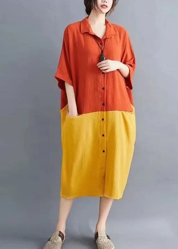 cocktail party dressElegant Orange Patchwork Yellow Peter Pan Collar Button Pockets Maxi Shirts Dress Summer