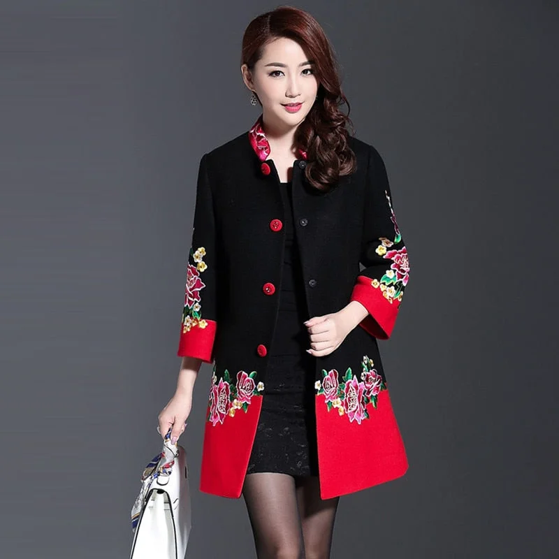 Best Deals Plus Size 4XL Cashmere Flower Embroidery Women Winter Long Coats 2018 Black Red Patchwork Single Breasted Eleagnt Overcoat Best Deals Plus Size 4XL Cashmere Flower Embroidery Women Winter Long Coats 2018 Black Red Patchwork Single Breasted Eleagnt Overcoat
