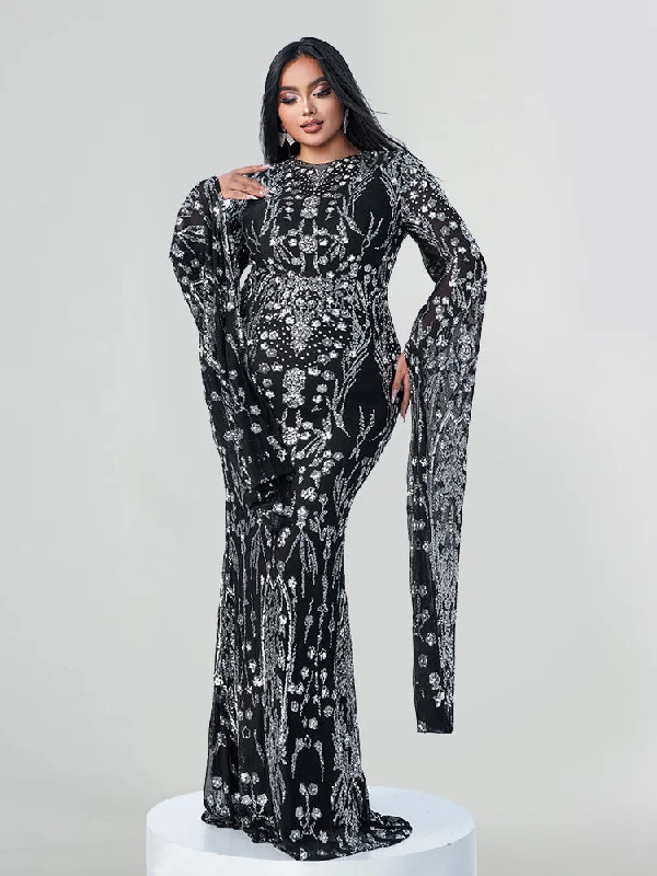 casual dressPlus Black Floral Sequin Embellished Long Sleeve Mermaid  Draped Sleeves Maxi Dress