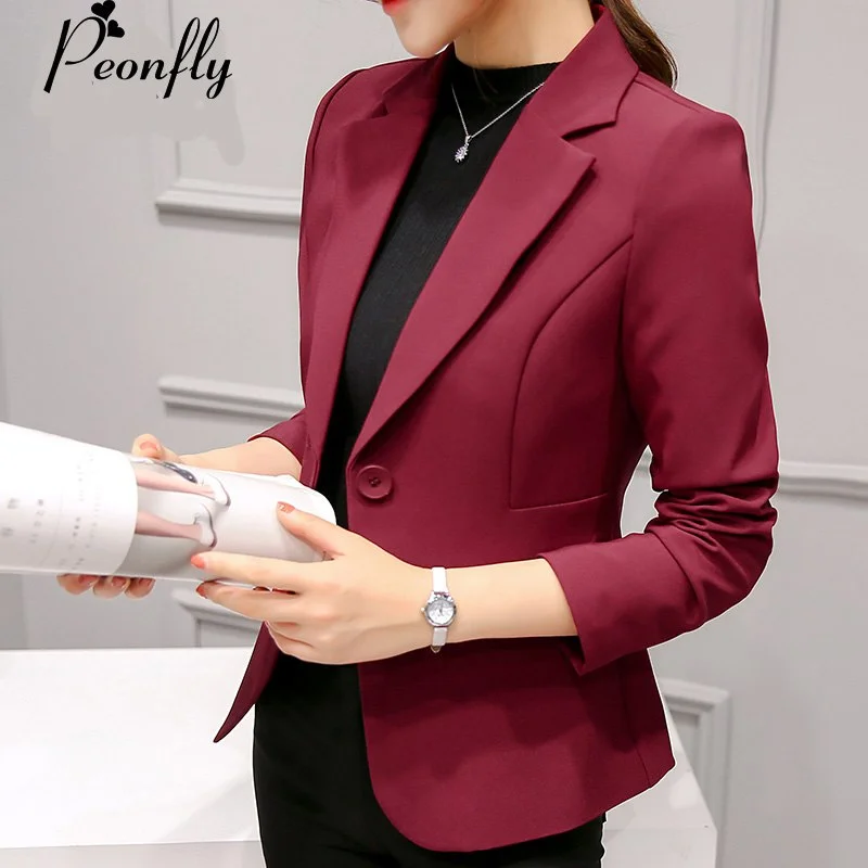 Early Bird Discount PEONFLY Ladies Blazers 2018 New Fashion Single Button Blazer Women Suit Jacket bule/red Blaser Female Blazer Femme